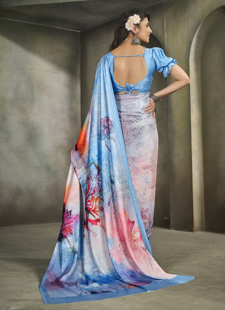 Lassya Fashion Cornflower Blue Exquisite Printed Crepe Saree for Elegant Occasions