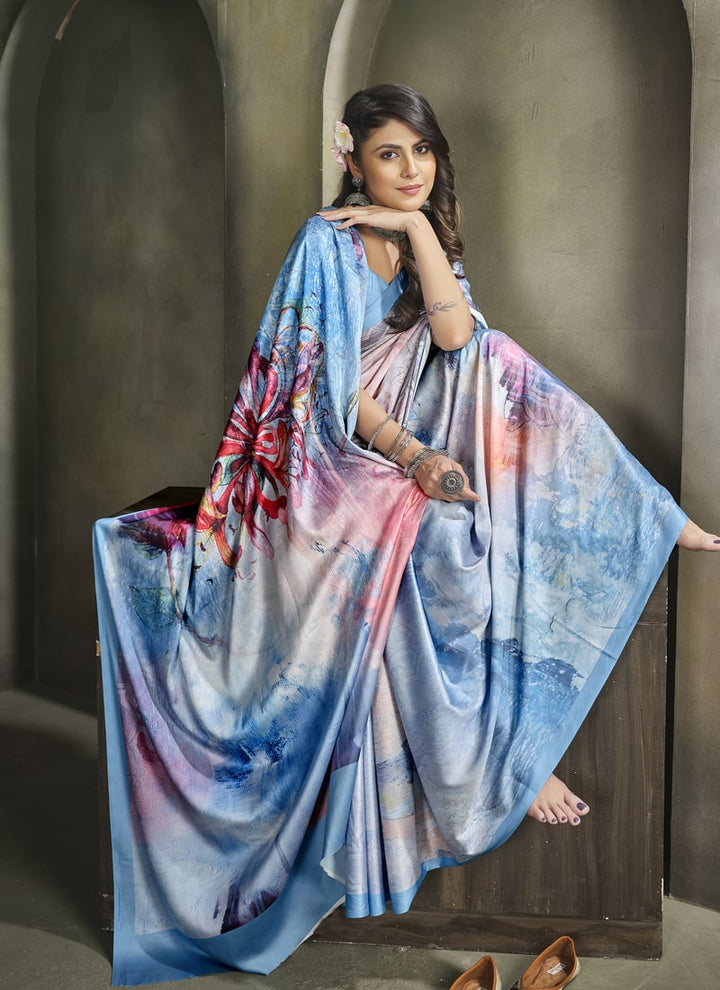 Lassya Fashion Cornflower Blue Exquisite Printed Crepe Saree for Elegant Occasions