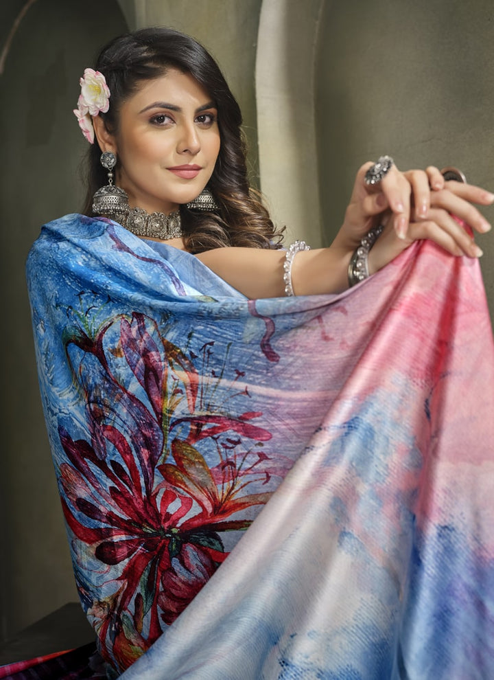 Lassya Fashion Cornflower Blue Exquisite Printed Crepe Saree for Elegant Occasions