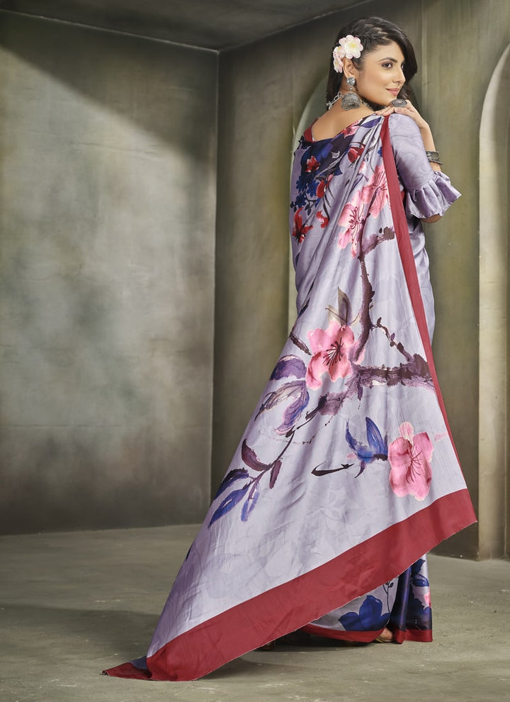 Lassya Fashion Lilac Exquisite Printed Crepe Saree for Elegant Occasions