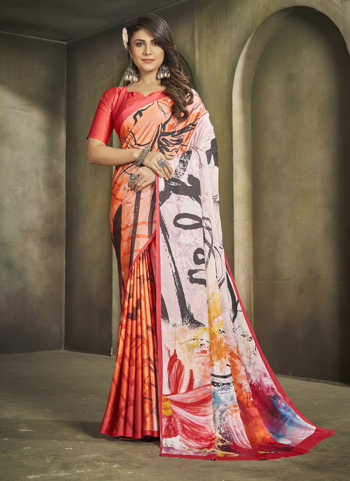 Lassya Fashion White and Orange Exquisite Printed Crepe Saree for Elegant Occasions