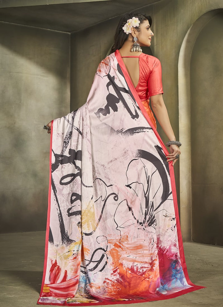 Lassya Fashion White and Orange Exquisite Printed Crepe Saree for Elegant Occasions