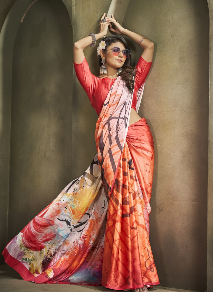 Lassya Fashion White and Orange Exquisite Printed Crepe Saree for Elegant Occasions