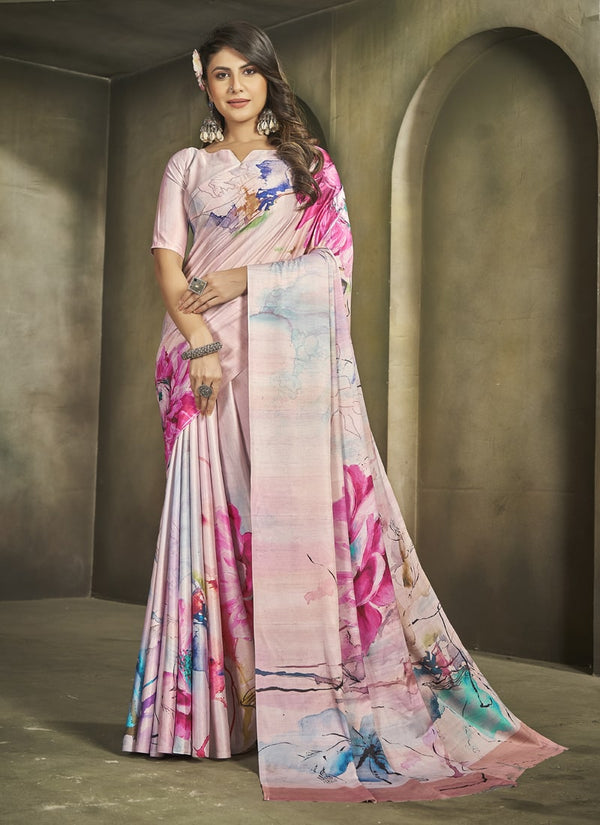 Lassya Fashion Pale Pink Exquisite Printed Crepe Saree for Elegant Occasions