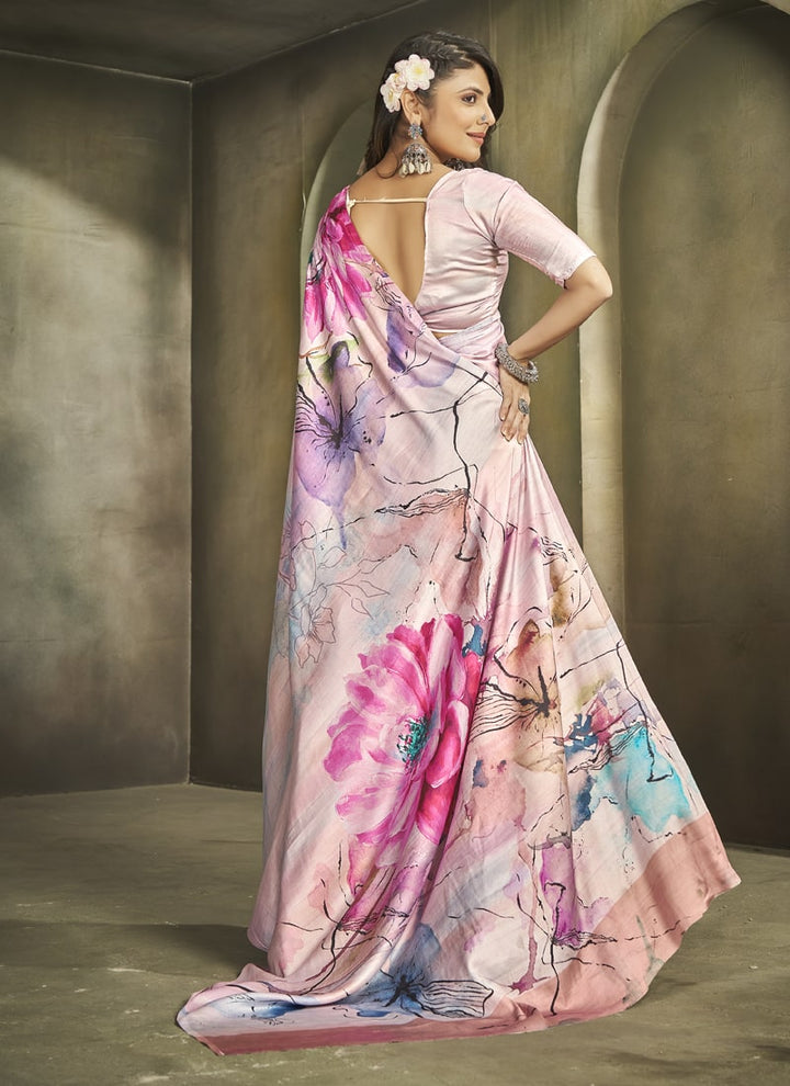 Lassya Fashion Pale Pink Exquisite Printed Crepe Saree for Elegant Occasions