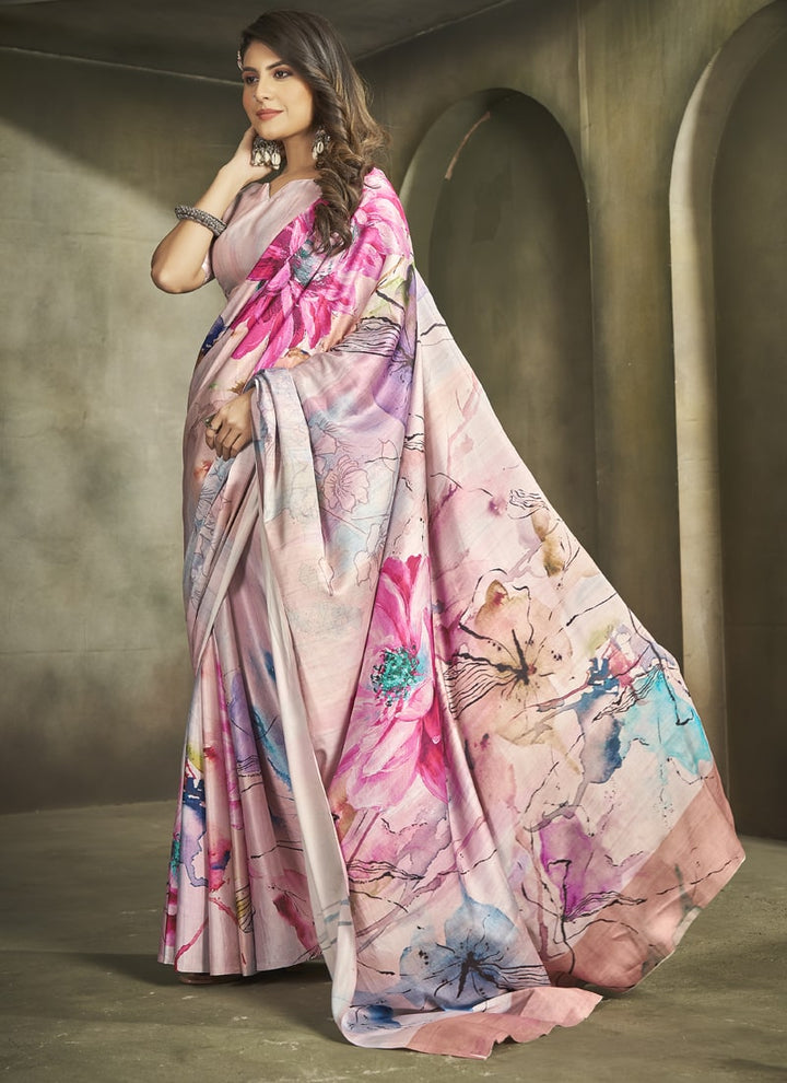 Lassya Fashion Pale Pink Exquisite Printed Crepe Saree for Elegant Occasions