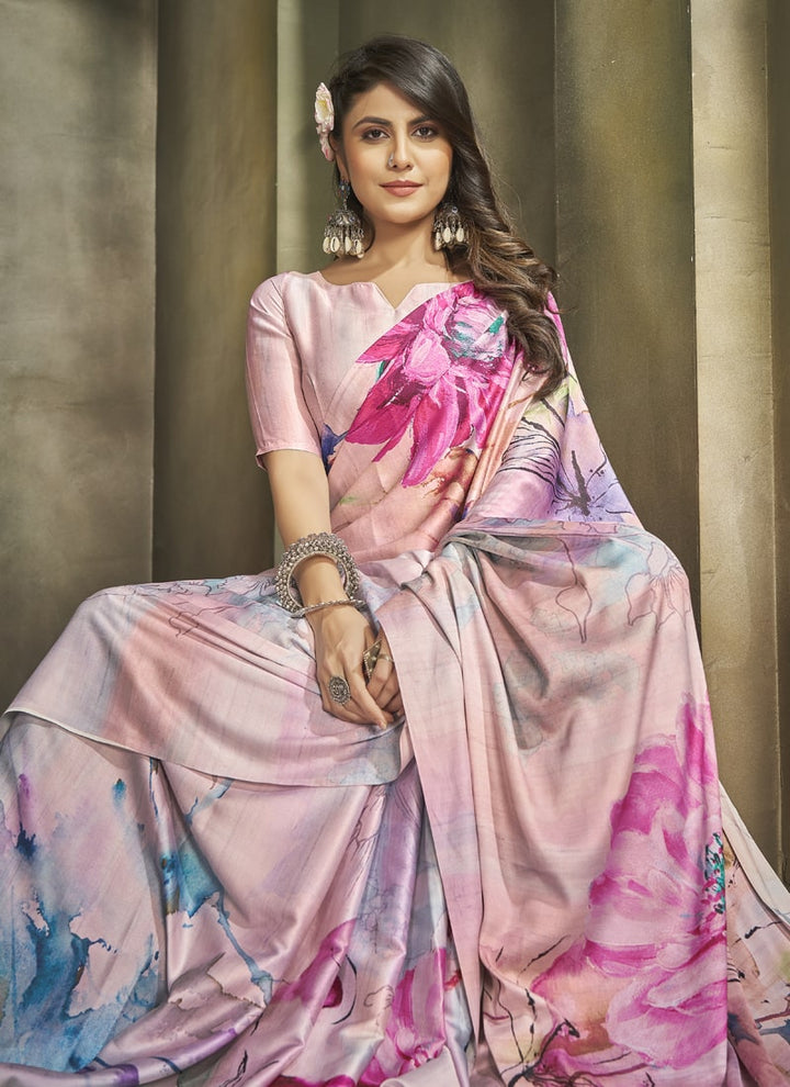 Lassya Fashion Pale Pink Exquisite Printed Crepe Saree for Elegant Occasions