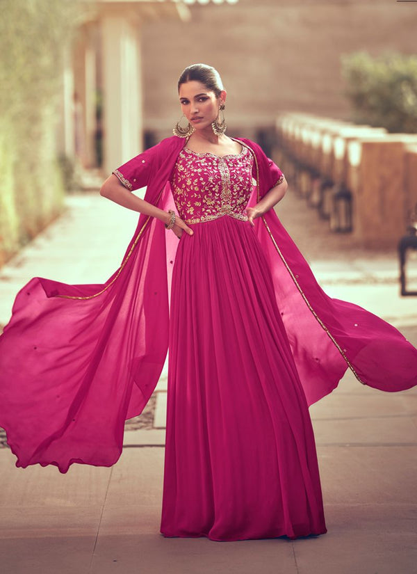 Lassya Fashion Magenta Pink Elegant Real Georgette Embroidered Wedding Gown with Dupatta