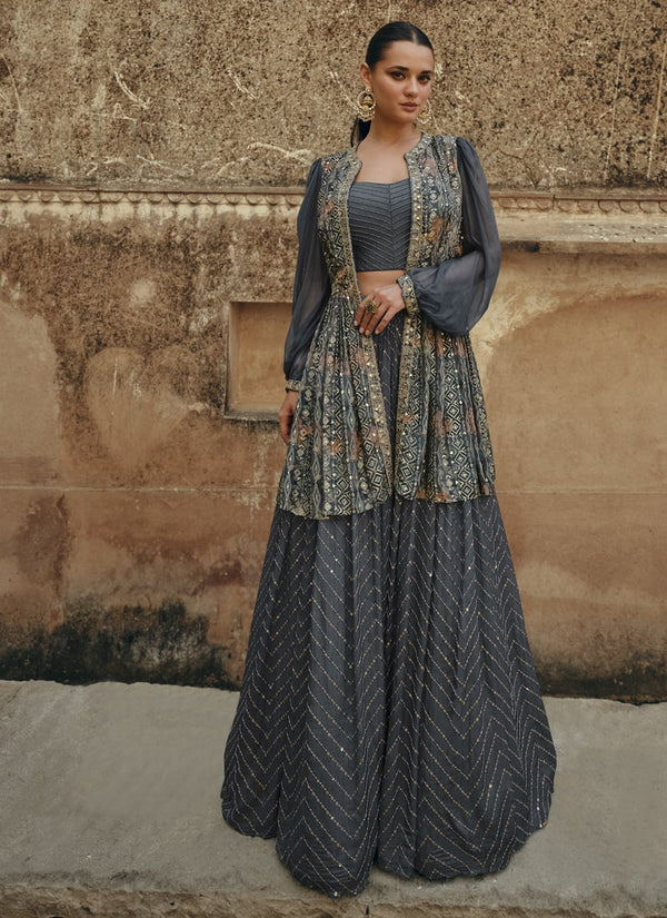 Lassya Fashion Flint Grey Designer Indo-Western Crop-Top with Skirt And Jacket Ensemble