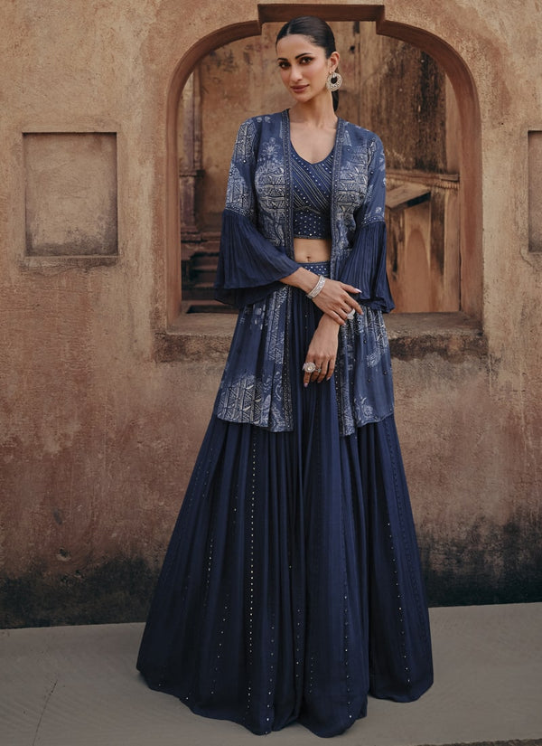 Lassya Fashion Navy Blue Designer Indo-Western Crop-Top with Skirt And Jacket Ensemble