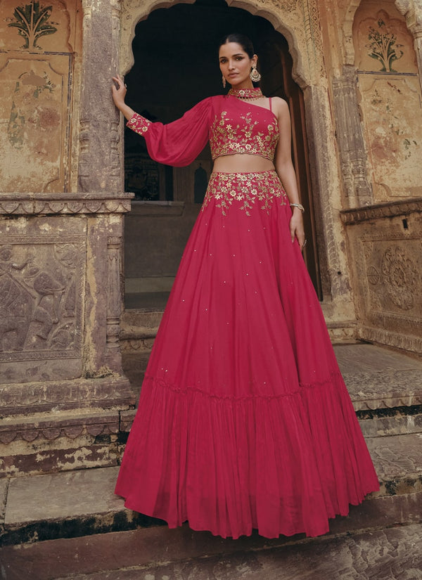 Lassya Fashion Ruby Pink Designer Indo-Western Crop-Top with Skirt Ensemble