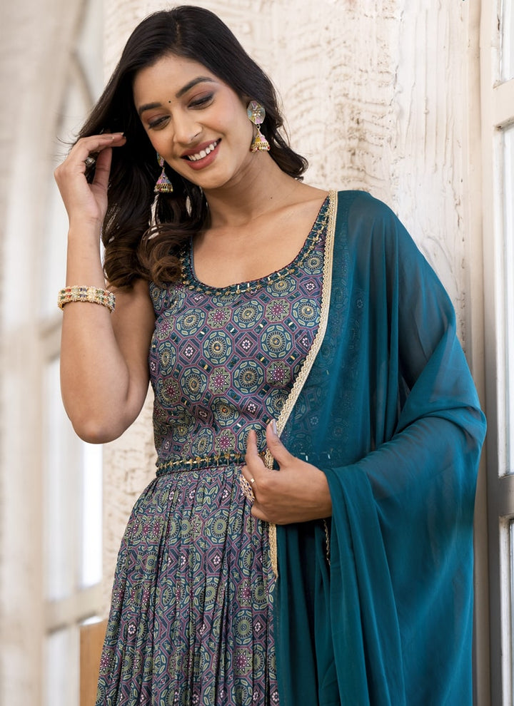 Lassya Fashion Teal Blue Exclusive Designer Wedding Gown with Mirror Detailing