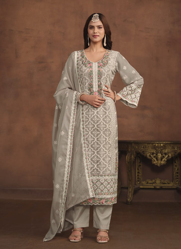 Lassya Fashion Grey Pakistani Wedding Salwar Suit with Soft Organza Dupatta