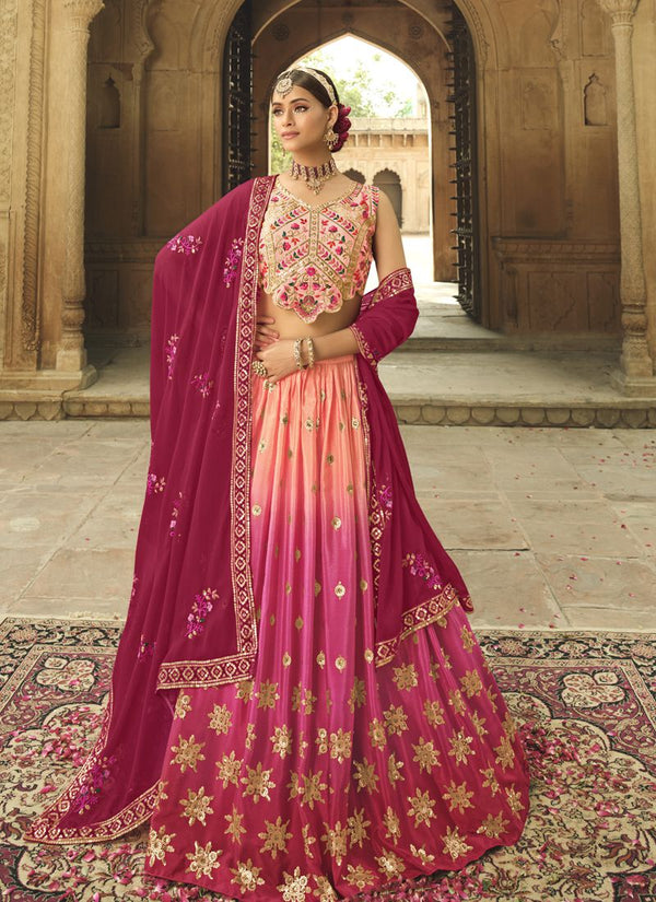 Peach to Magenta Pink Shaded Thread And Sequins Embroidery Work Silk Lehenga Choli