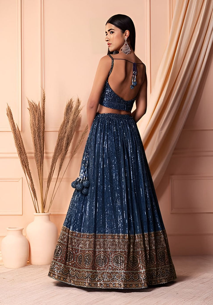 Lassya Fashion Navy Blue Elegant Sequined Soft Net Lehenga Choli Set