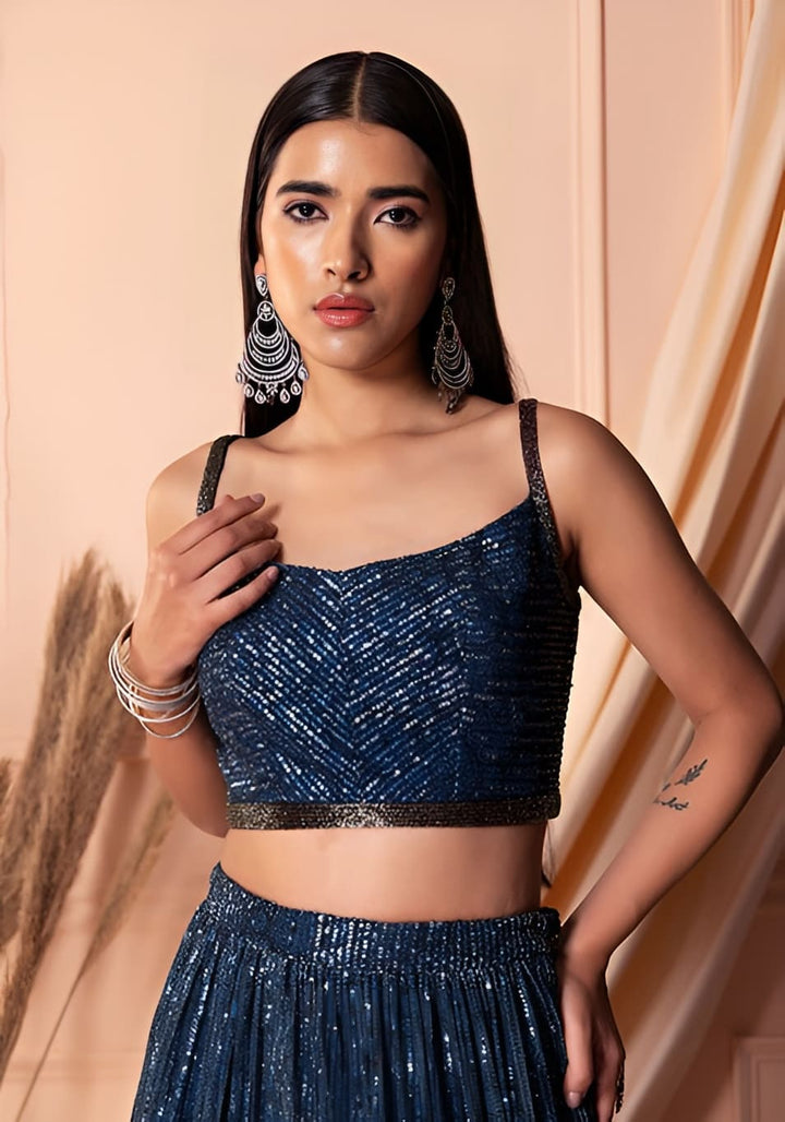 Lassya Fashion Navy Blue Elegant Sequined Soft Net Lehenga Choli Set