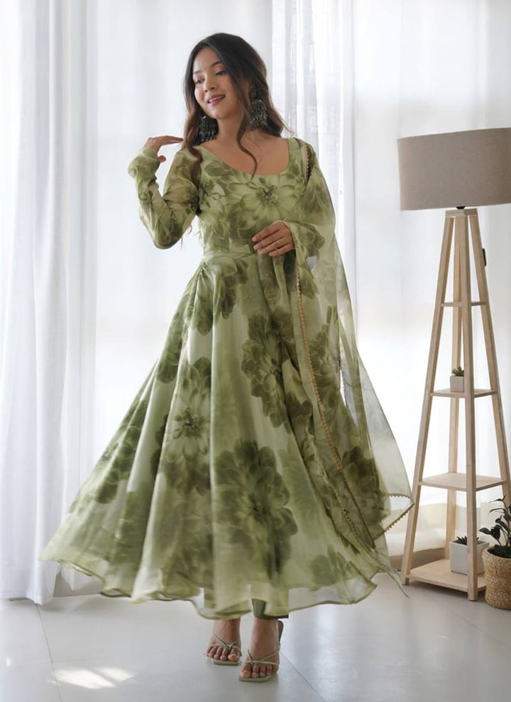Lassya Fashion Green Printed Organza Gown with Matching Dupatta