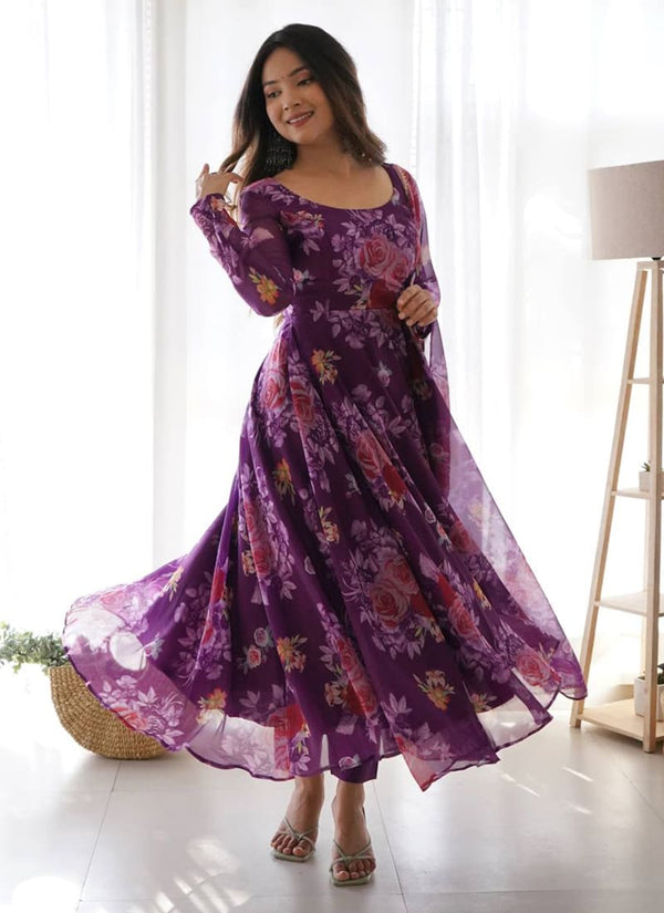 Lassya Fashion Purple Printed Organza Gown with Matching Dupatta