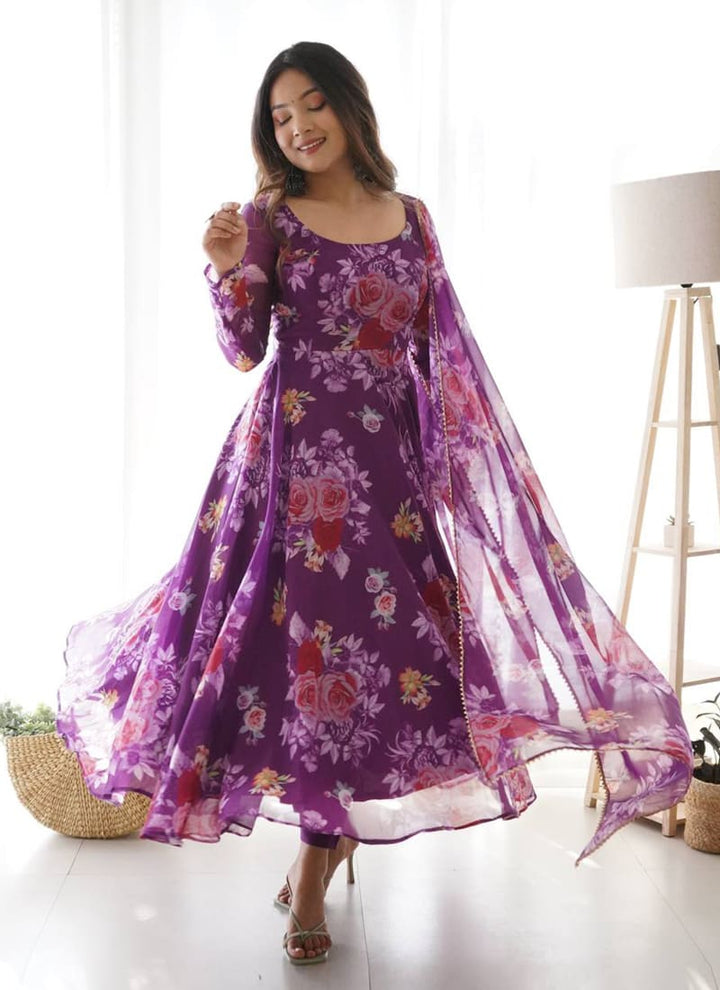 Lassya Fashion Purple Printed Organza Gown with Matching Dupatta