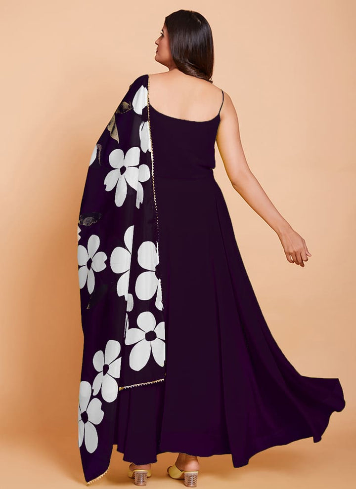 Lassya Fashion Wine Elegant Faux Georgette Gown with Floral Pattern Organza Dupatta