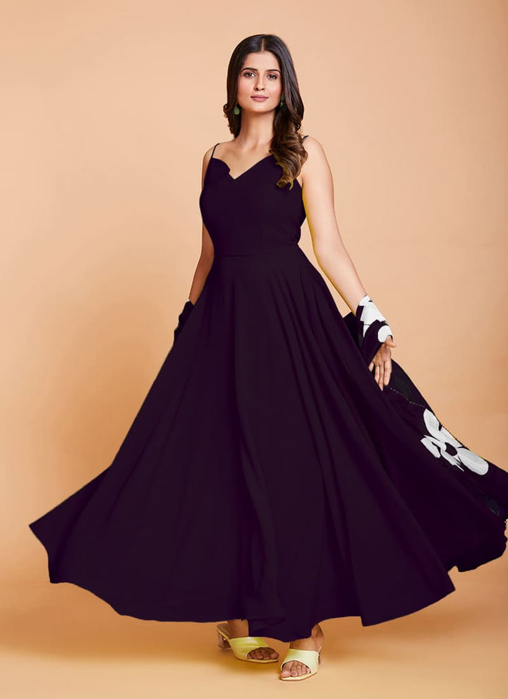 Lassya Fashion Wine Elegant Faux Georgette Gown with Floral Pattern Organza Dupatta