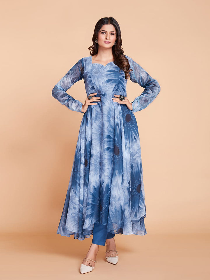 Lassya Fashion Blue Floral Printed Salwar Suit Set in Faux Georgette