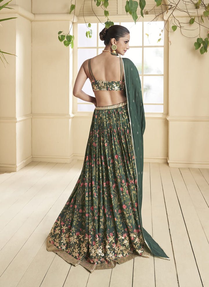 Lassya Fashion Pine Green Floral Print Premium Silk Lehenga Choli Set