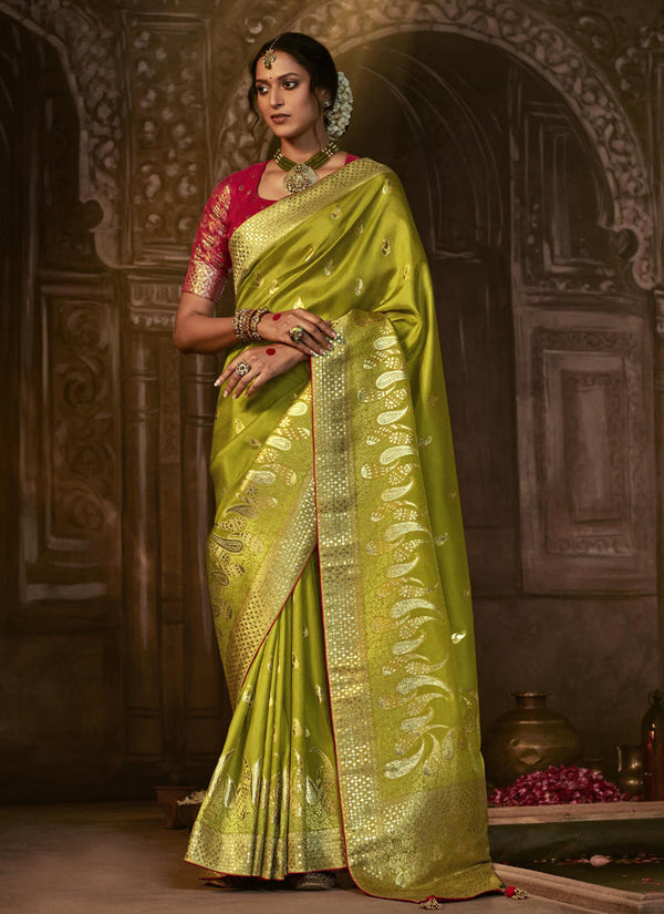 Lassya Fashion's Olive Green Elegant Pure Dola Silk Saree with Exquisite Weaving Work