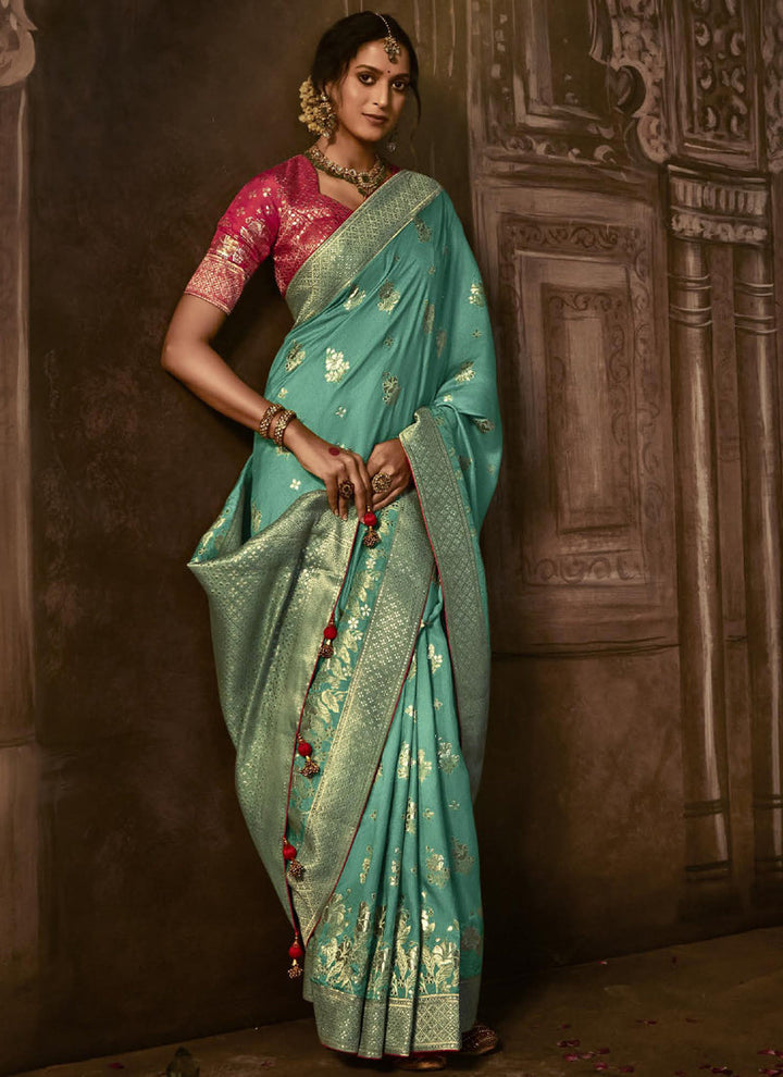 Lassya Fashion's Sea Blue Elegant Pure Dola Silk Saree with Exquisite Weaving Work