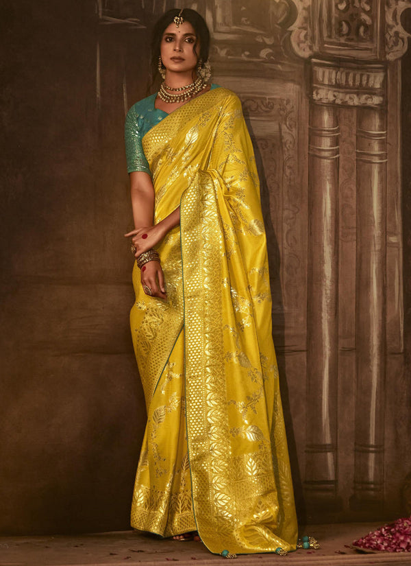 Lassya Fashion's Canary Yellow Elegant Pure Dola Silk Saree with Exquisite Weaving Work