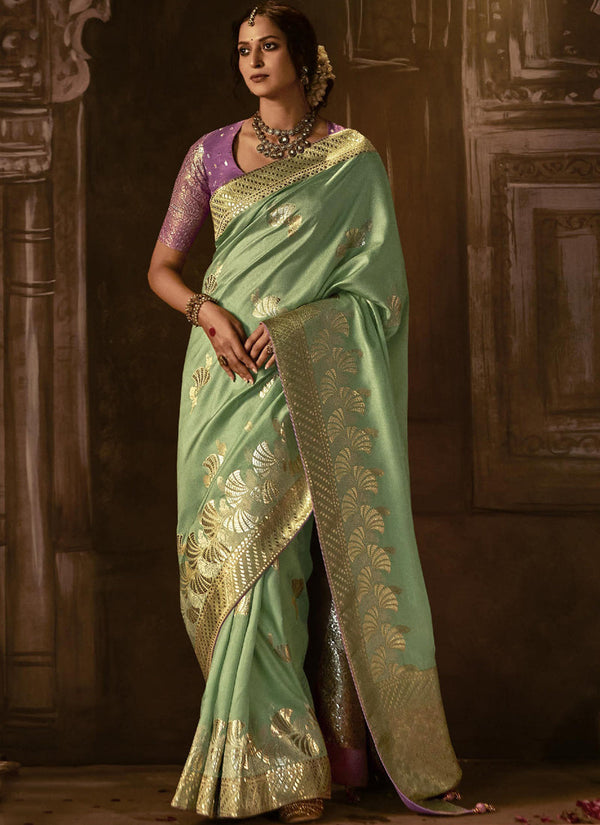 Lassya Fashion's Pista Green Elegant Pure Dola Silk Saree with Exquisite Weaving Work