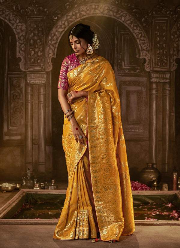 Lassya Fashion's Mustard Elegant Pure Dola Silk Saree with Exquisite Weaving Work