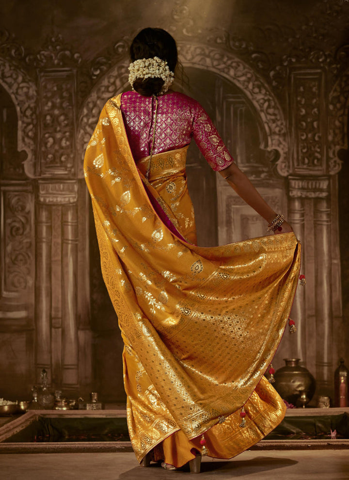 Lassya Fashion's Mustard Elegant Pure Dola Silk Saree with Exquisite Weaving Work