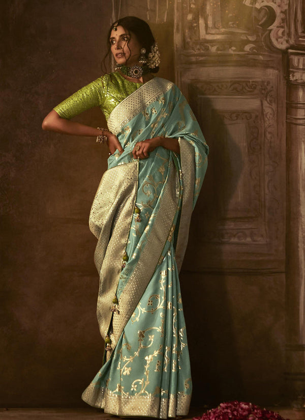 Lassya Fashion's Mint green Elegant Pure Dola Silk Saree with Exquisite Weaving Work