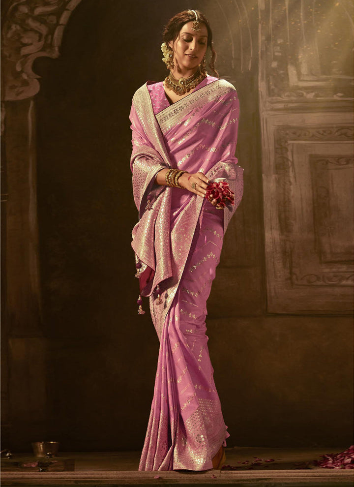 Lassya Fashion's Baby Pink Elegant Pure Dola Silk Saree with Exquisite Weaving Work