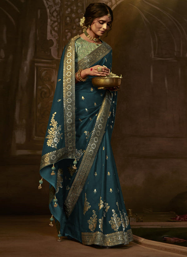 Lassya Fashion's Dark Green Elegant Pure Dola Silk Saree with Exquisite Weaving Work