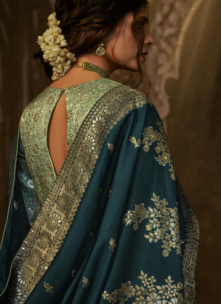 Lassya Fashion's Dark Green Elegant Pure Dola Silk Saree with Exquisite Weaving Work