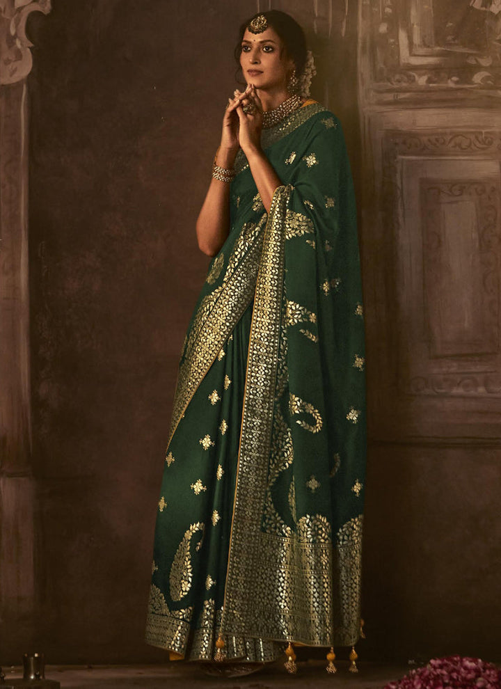 Lassya Fashion's Forest Green Elegant Pure Dola Silk Saree with Exquisite Weaving Work