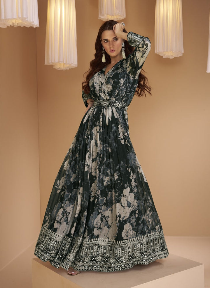 Lassya Fashion's Glamorous Black Georgette Party Wear Gown with Floral Print and Dupatta