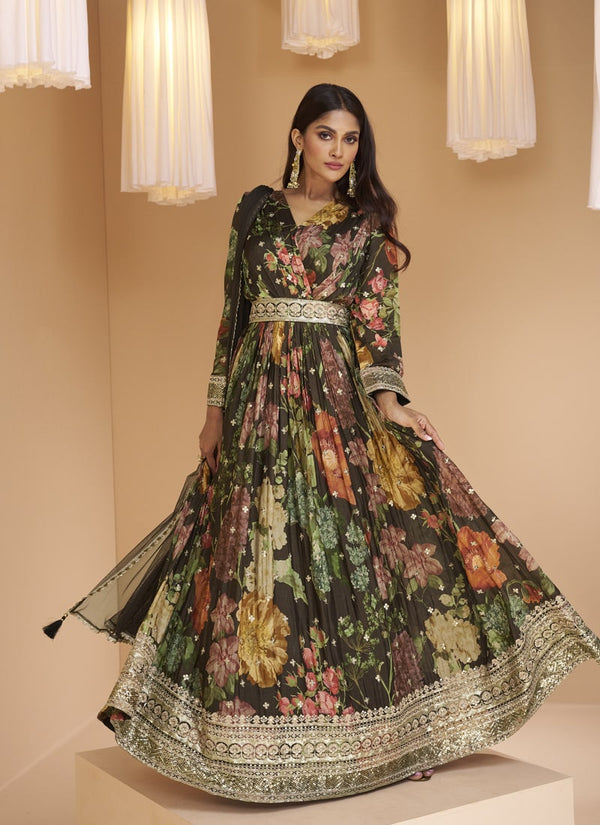 Lassya Fashion's Multi-Color Floral Print Georgette Designer Gown with Dupatta