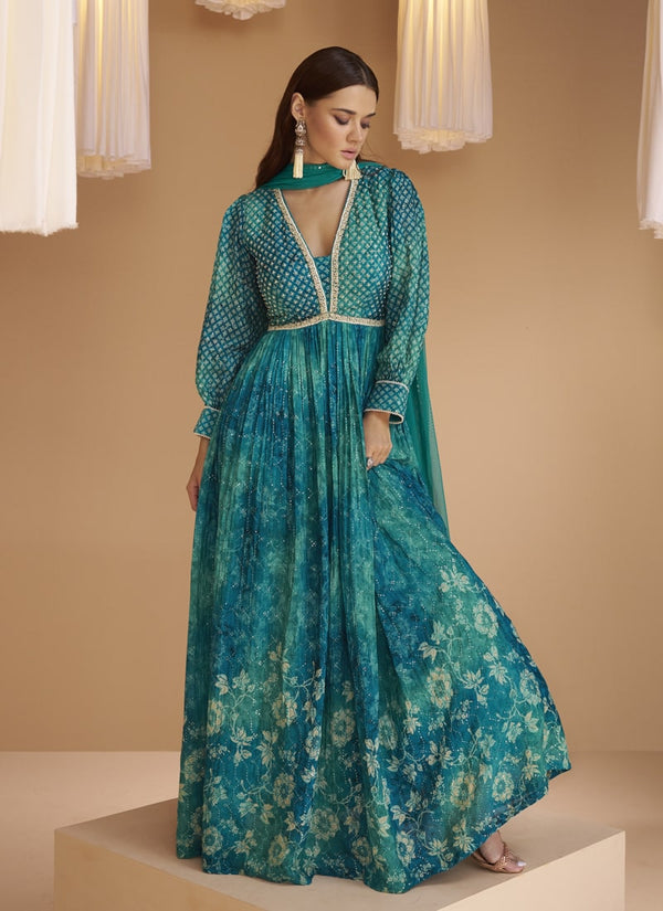 Lassya Fashion's Turquoise Green Floral Print Georgette Designer Gown with Dupatta
