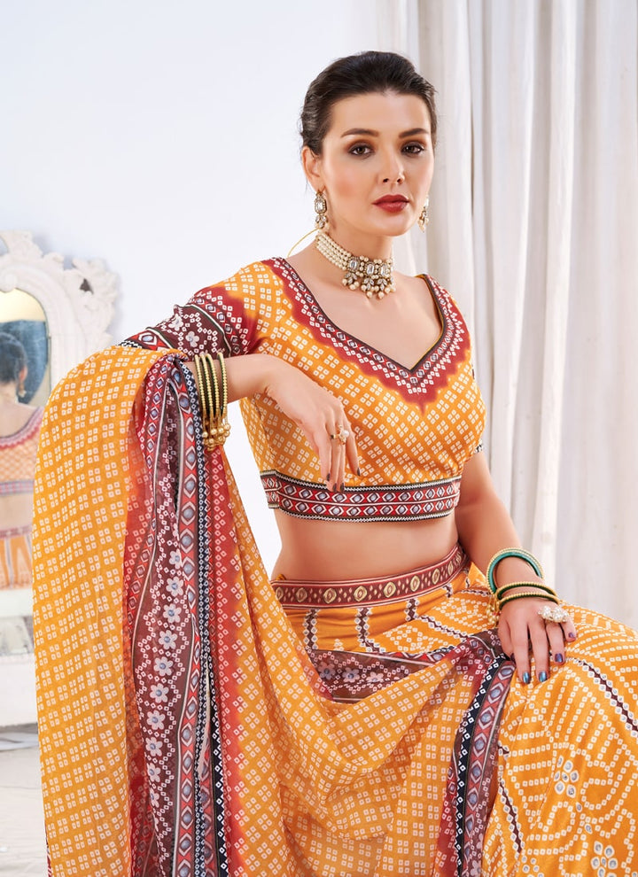 Lassya Fashion Mustard Yellow Printed Chinnon Silk Lehenga Set with Stone Handwork