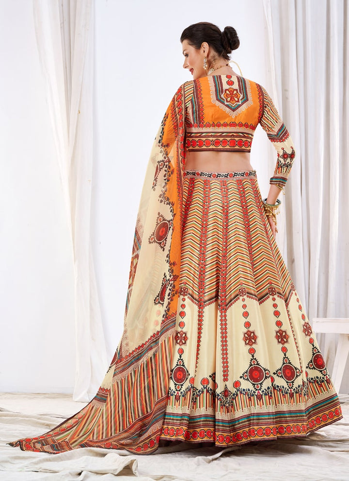 Lassya Fashion Cream Printed Chinnon Silk Lehenga Set with Stone Handwork