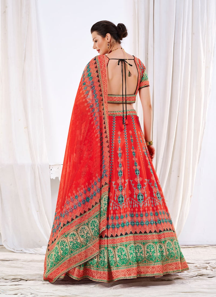 Lassya Fashion Red Printed Chinnon Silk Lehenga Set with Stone Handwork