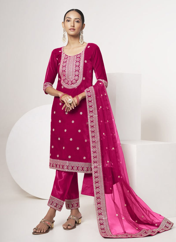 Lassya Fashion Dark Megenta Winter Velvet Suit with Santoon Bottom and Embroidered Net Dupatta