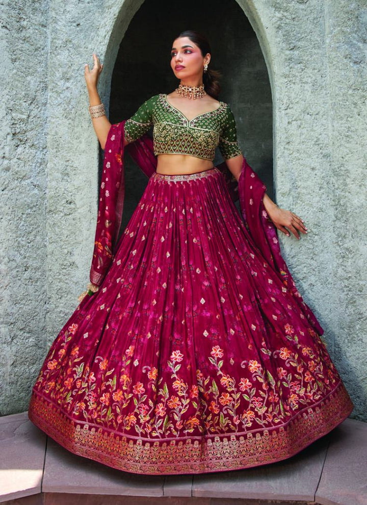 Lassya Fashion Magenta Pink and Green Designer Silk Lehenga Set with Dola Silk Blouse