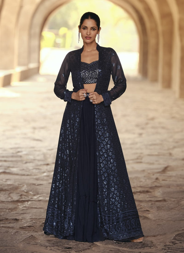 Lassya Fashion Dark Blue Indo-Western Ensemble with Chinnon Silk Top Skirt and Embroidered Jacket