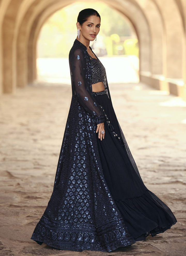 Lassya Fashion Dark Blue Indo-Western Ensemble with Chinnon Silk Top Skirt and Embroidered Jacket