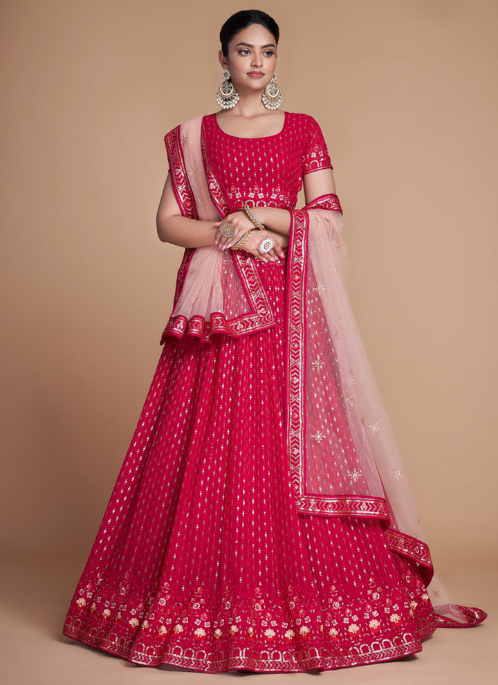 Lassya Fashion Ruby Pink Elegant Georgette Wedding Lehenga Set with Sequins Embroidery