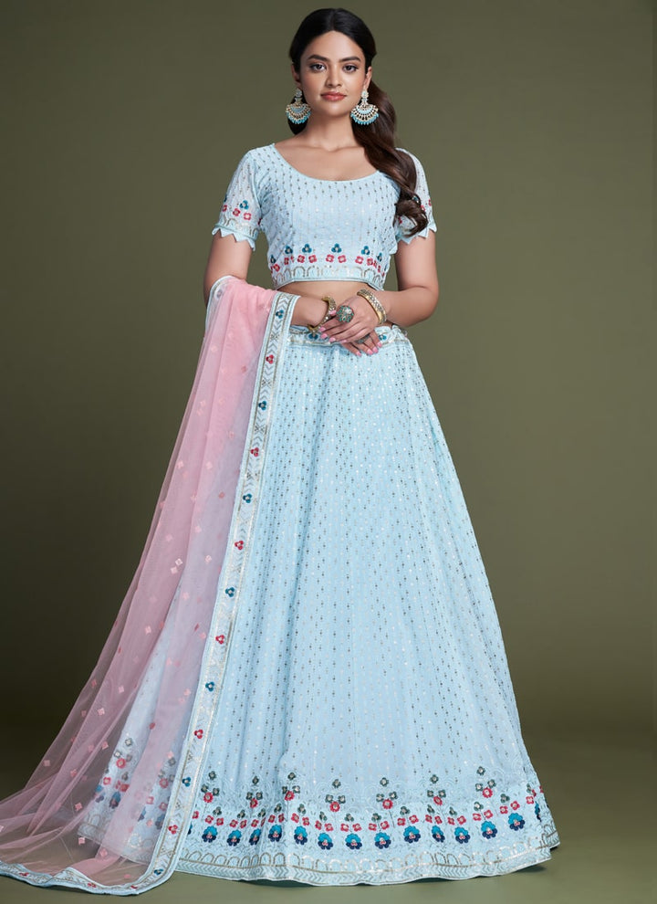 Lassya Fashion Sky Blue Elegant Georgette Wedding Lehenga Set with Sequins Embroidery